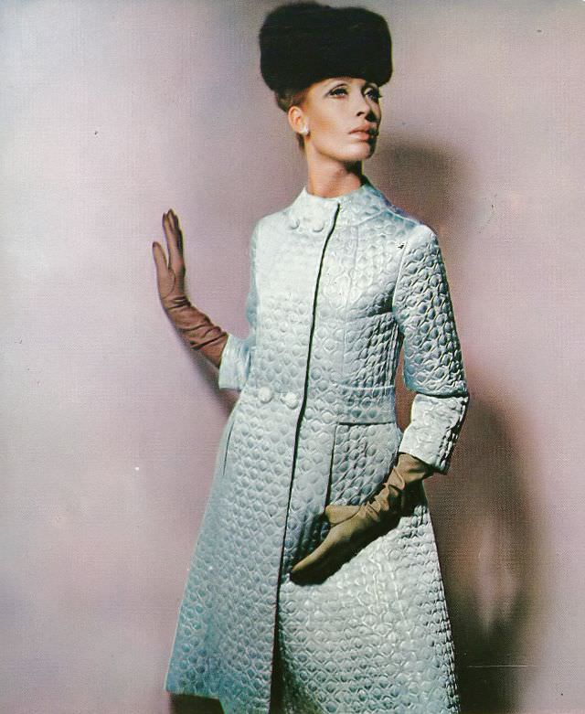 Isa Stoppi Wearing Taroni Rhodia Brocade Redingote by Veniziani of Milan, 1965