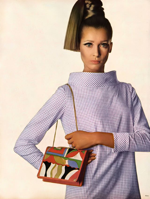 Isa Stoppi in Violet Gingham Dress with Upstanding Collar by Craig Casuals, 1966