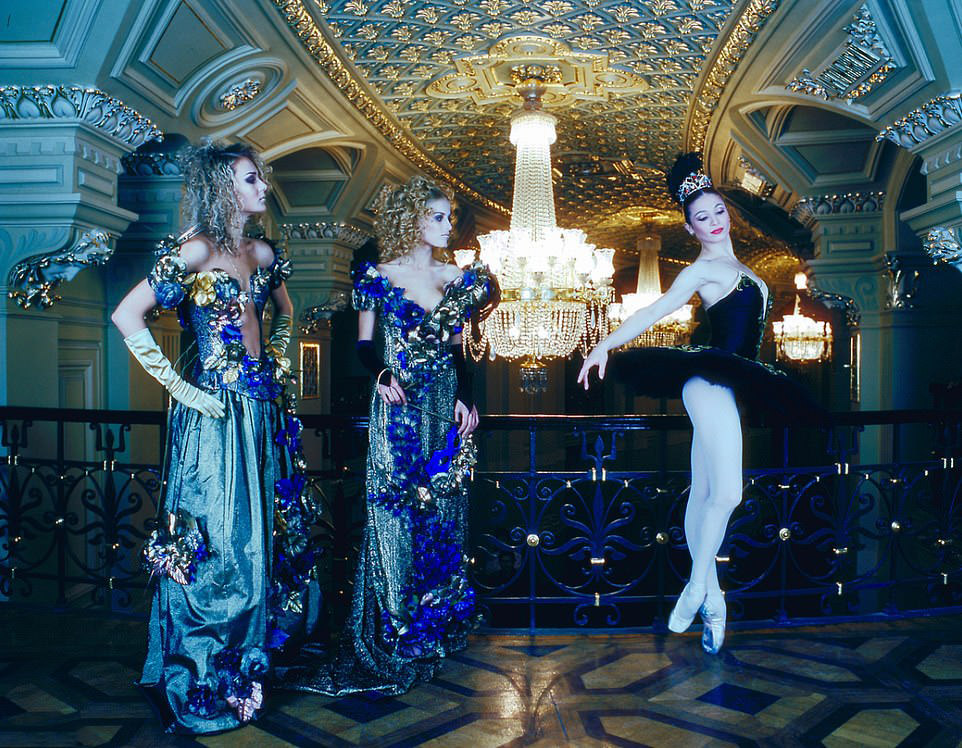 Ballet and Fashion in Kyiv Opera Theatre: Two women in gowns by Roksolana Bogutska pose with stylist Tatiana Tatarenko, 1999.