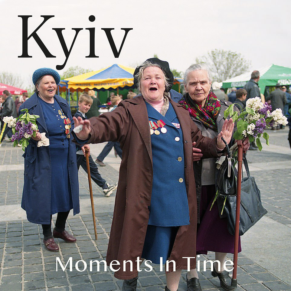 Kyiv Flower Market: Three women hold flowers they bought from a market, 1991.