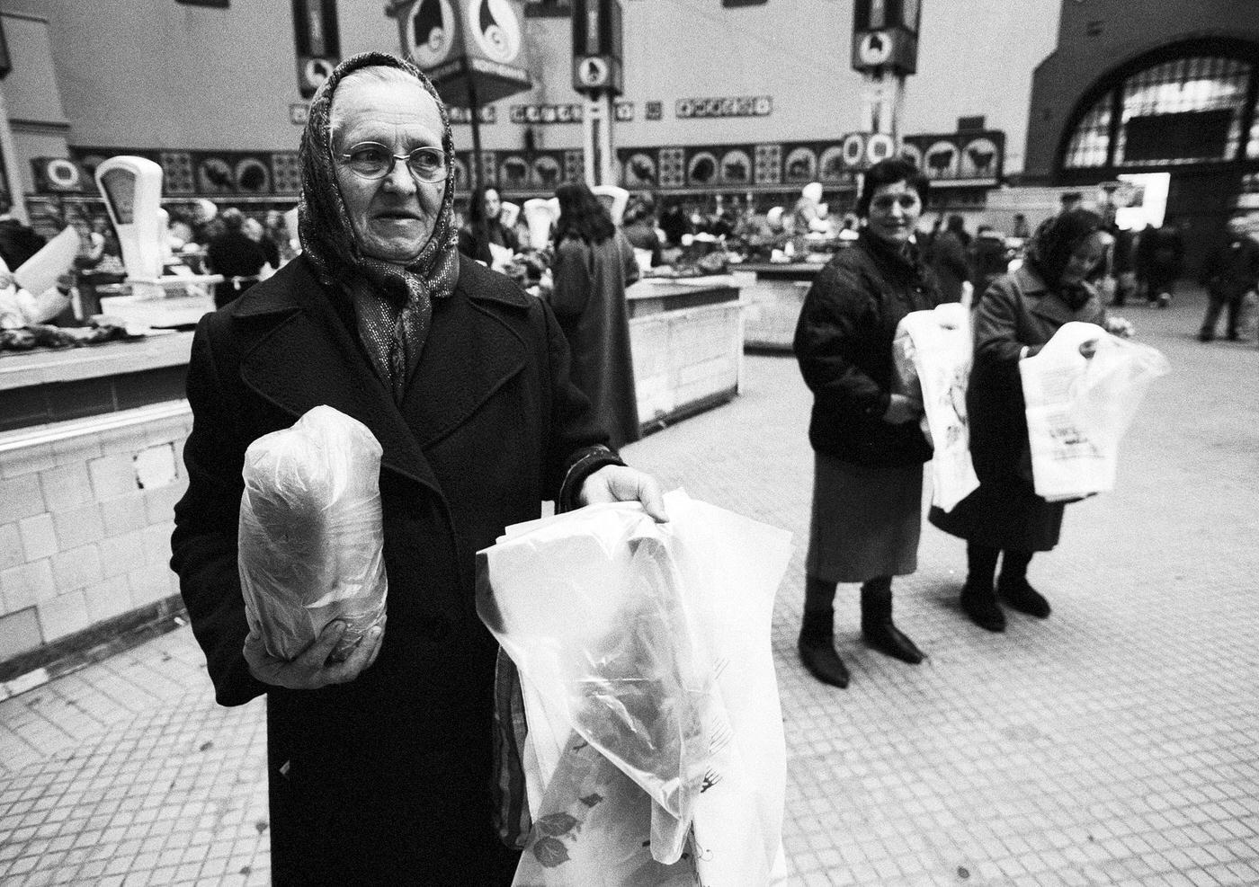 Women Selling Plastic Bags in a Market Hall in Kiev