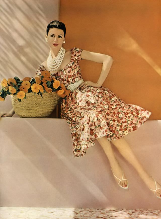 Isabella Albonico in a floral print silk surah dress by Jane Derby, 1959.