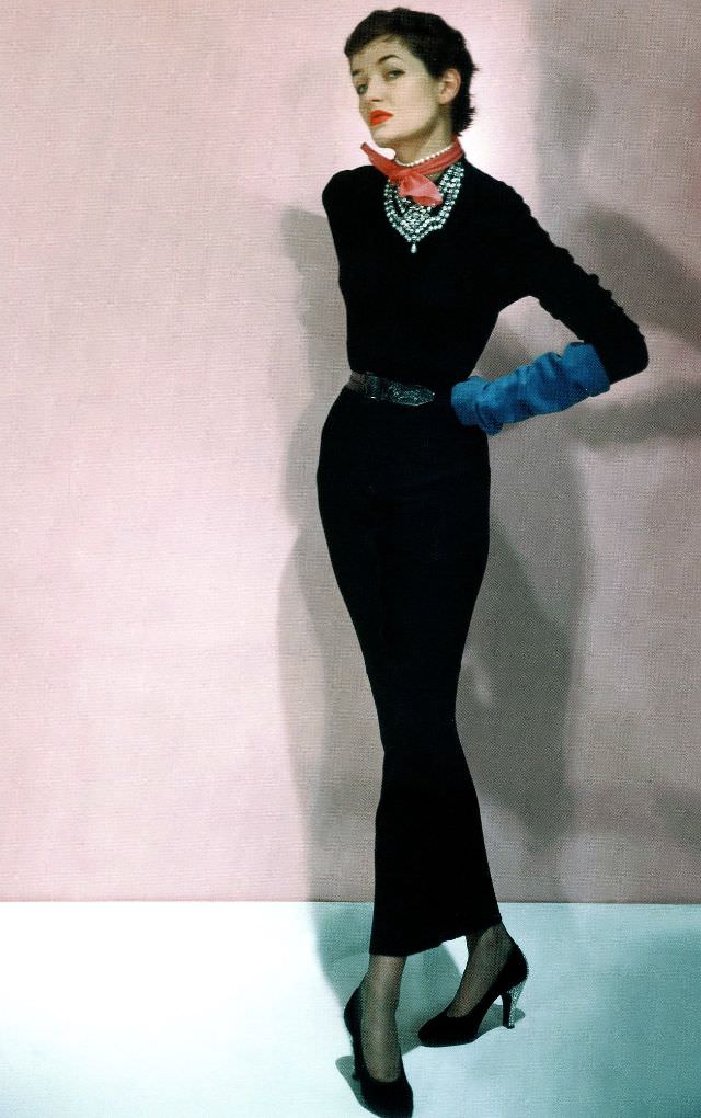 Maxime de la Falaise in a dress she designed for Paquin, 1950.