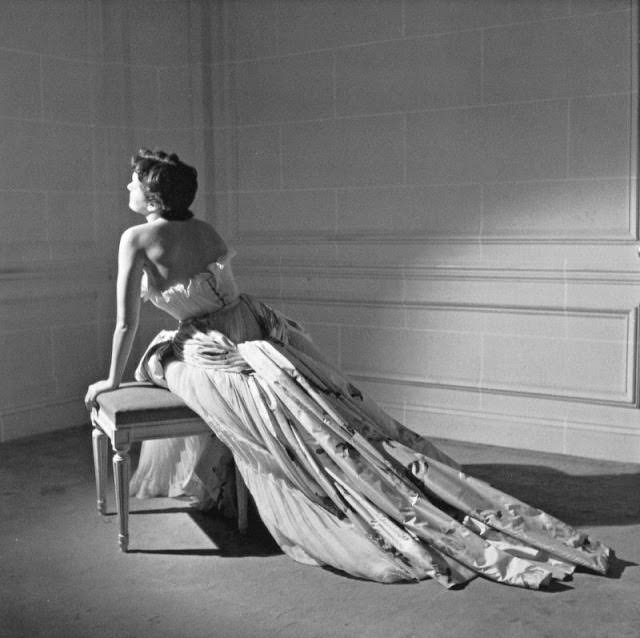 Maxime de la Falaise in Christian Dior's ball gown named "Henri Sauguet," 1950.