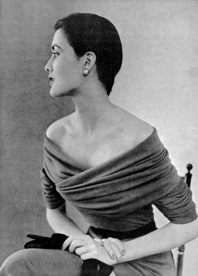 Maxime de la Falaise in grey draped jersey dress by Balenciaga, 1950.