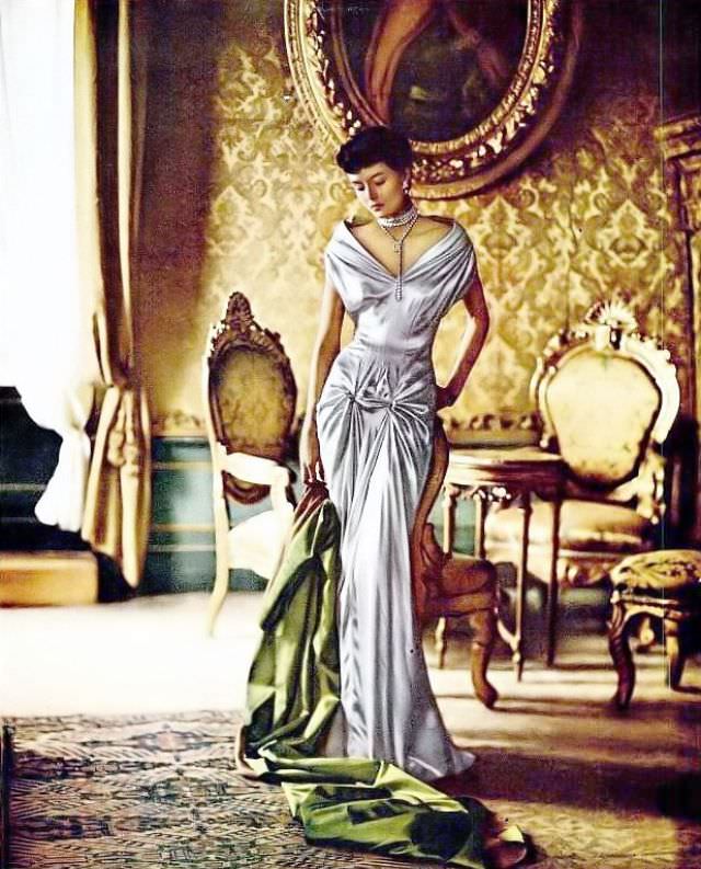 Maxime de la Falaise in a Charles James gown for a Modess ad, 1950.