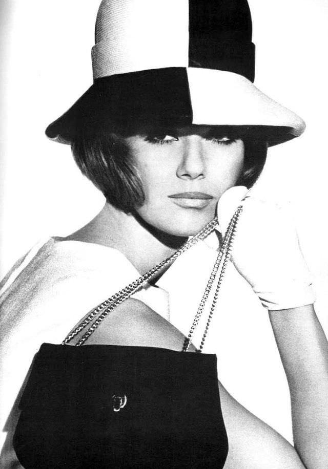 Nicole de la Marge in Black & White Cloche and Dress by Polly Peck, 1965