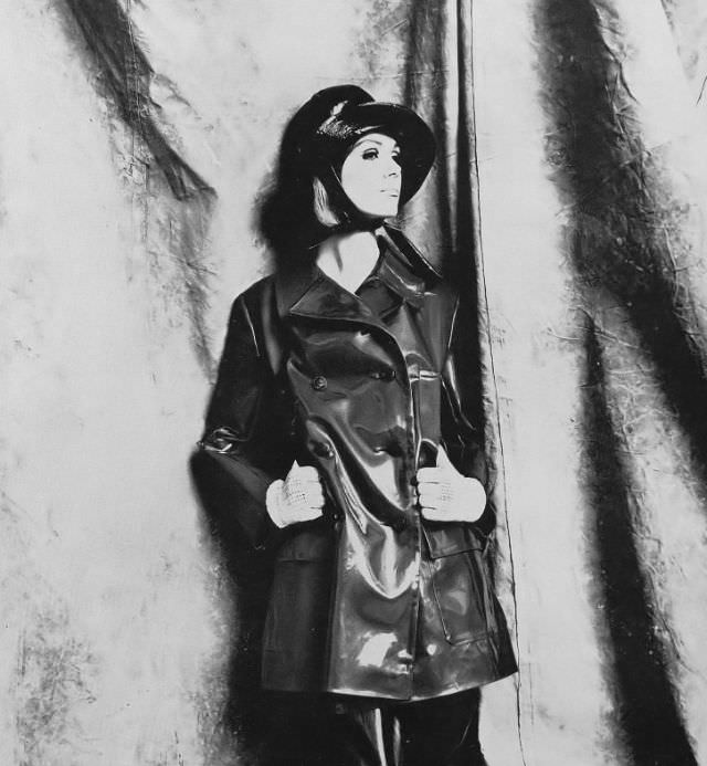 Nicole de la Marge in Black PVC Reefer by Charles MacIntosh, 1965