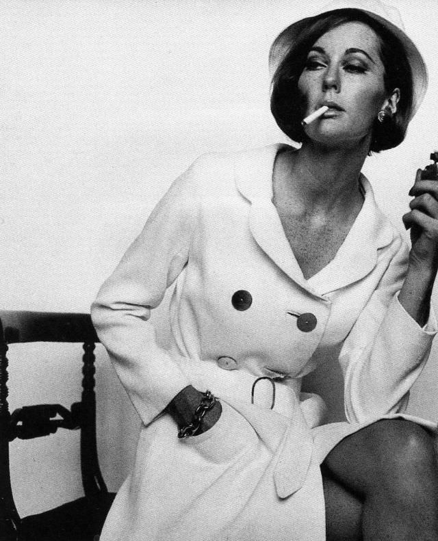 Nicole de la Marge in White Double-Breasted Coat by Mary Quant, 1965