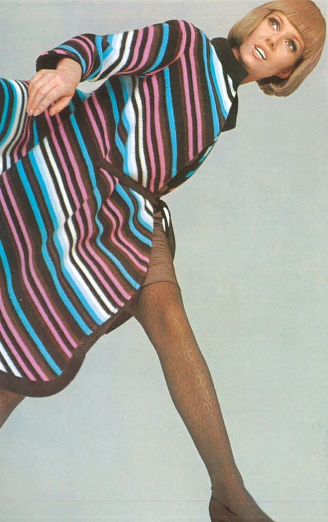 Nicole de la Marge in Striped Poncho-Like Coat by Pierre Cardin, 1967