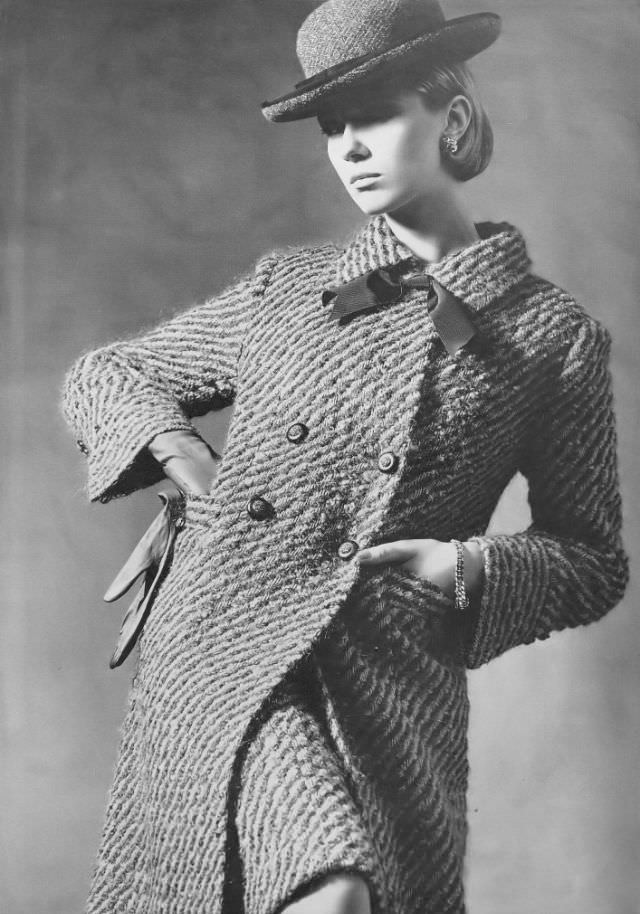 Nicole de la Marge in Tweed Amethyst and Brown Ensemble by Jaeger, 1964