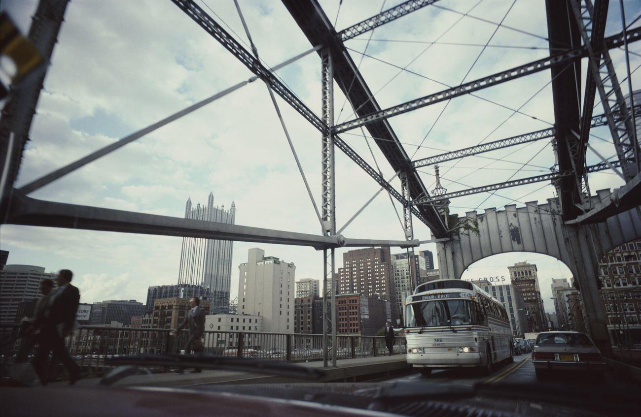 Smithfield Street Bridge with One PPG Place in the background, Pittsburgh, Pennsylvania, 1983.