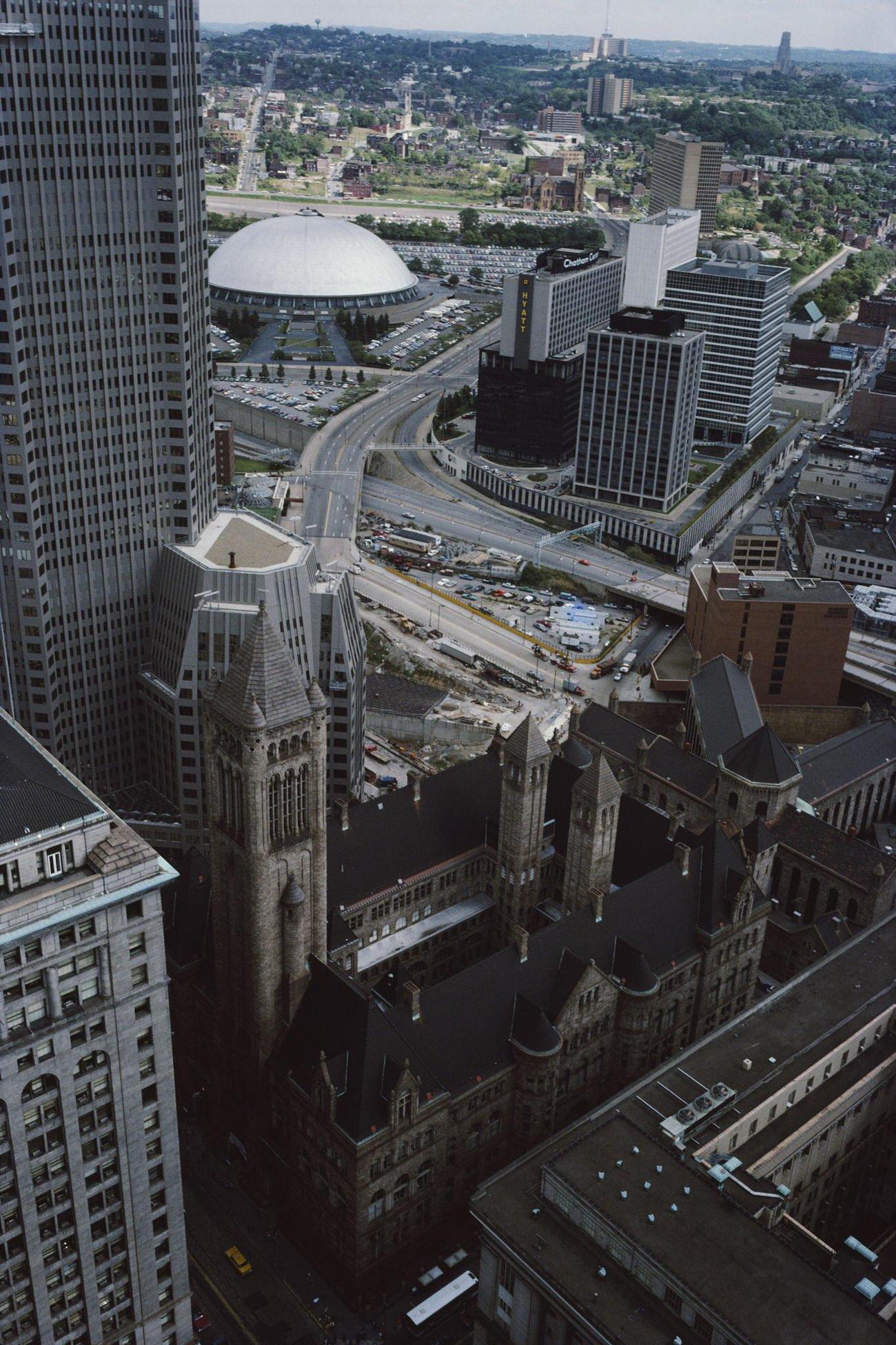 Pittsburgh skyline with Allegheny County Courthouse and Civic Area, 1983.
