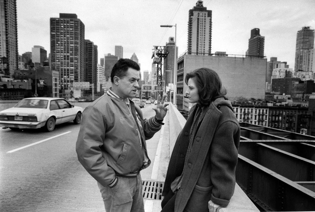 Director Jonathan Demme and Jodie Foster on set in Pittsburgh, Pennsylvania, 1989.