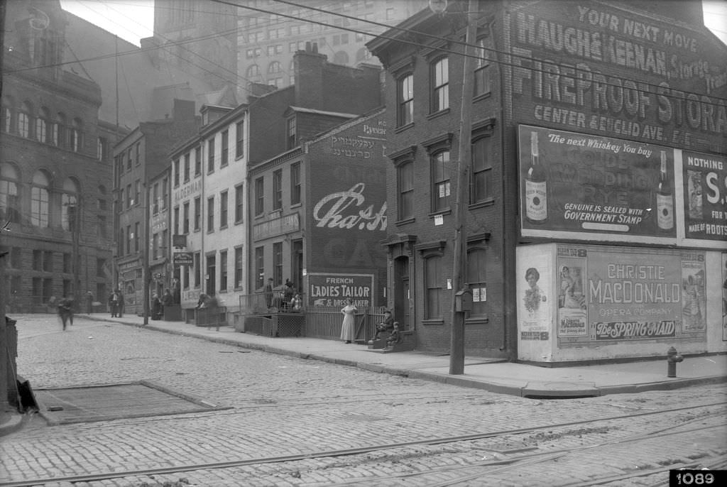 Ross Street, view west with ads for Golden Wedding Rye Whiskey, 1912