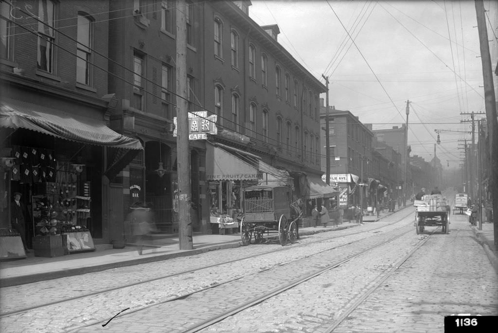 Wylie Avenue, north side looking east near Sixth Avenue, 1912