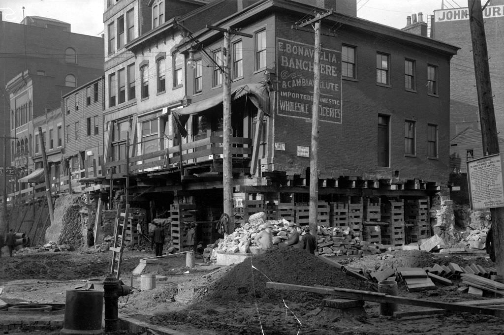 Webster and Tunnel, northwest corner construction, 1910s