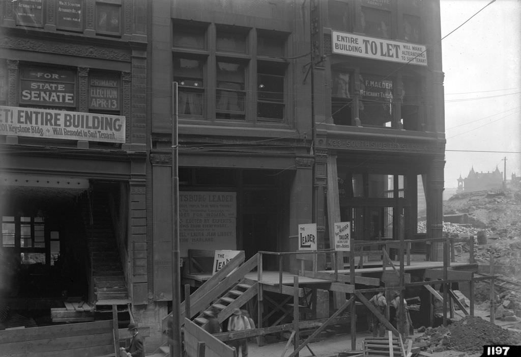 Maeder, Leader, Witherow Buildings, "To Let" signs due to construction, 1912
