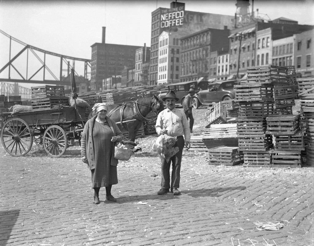 Man and Woman Holding Chickens at Monongahela Wharf, 1929.