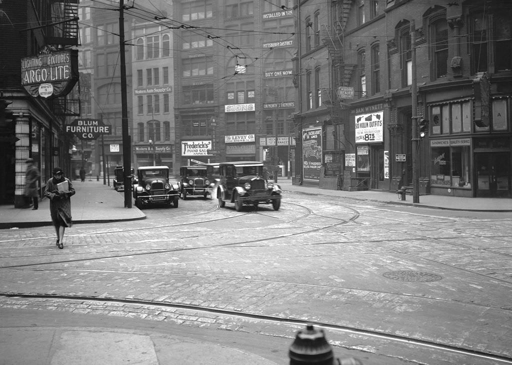 Woman at Seventh Avenue and Smithfield Street, 1929.