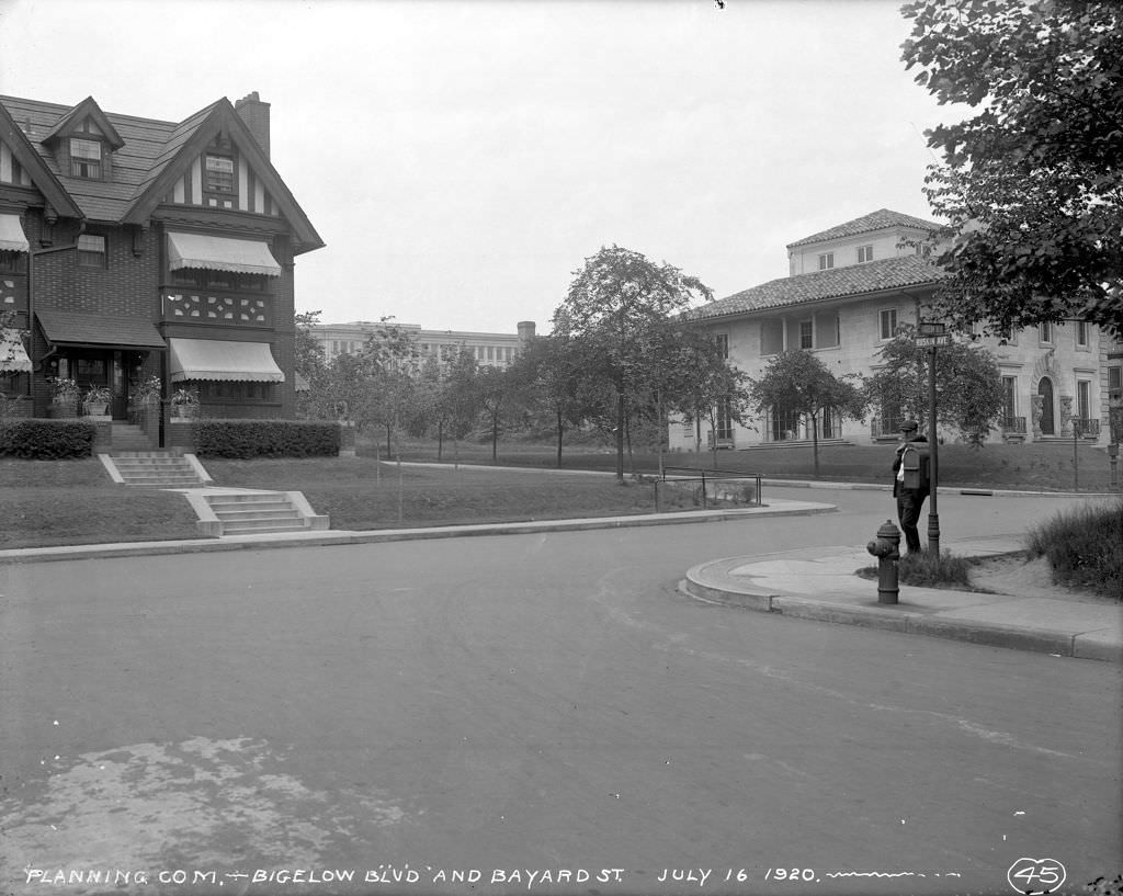 Bigelow and Bayard corner, Schenley High School visible, 1920.