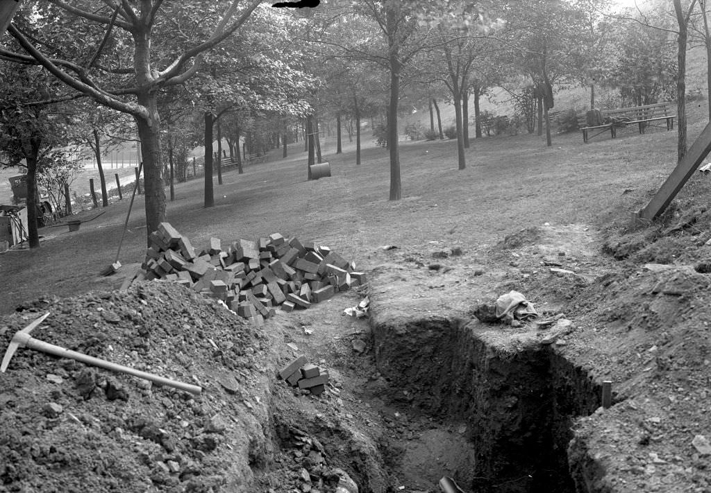 Six-inch sewer at Herron Hill after backfill, 1920.