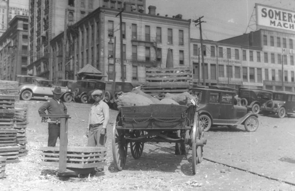 Monongahela River Wharf, Men Weighing Cargo, 1929.