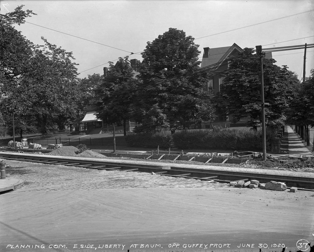 East side of Liberty Avenue showing streetcar track construction, 1920.
