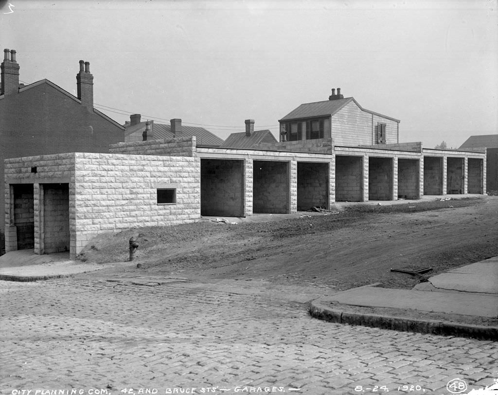 Garage construction at 42nd and Bruce Streets, 1920.