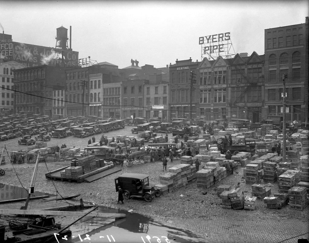 Store fronts on Water Street near Monongahela Wharf, 1927.