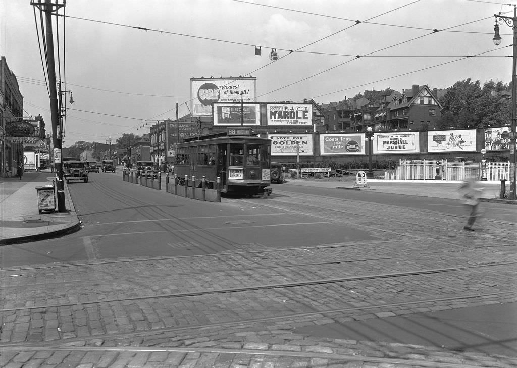 Penn and Negley Avenues safety zone, looking west, 1931