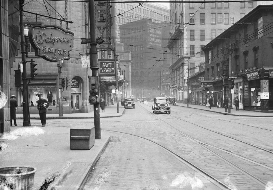 Seventh Street and Penn Avenue, Stanley Theatre area, 1934