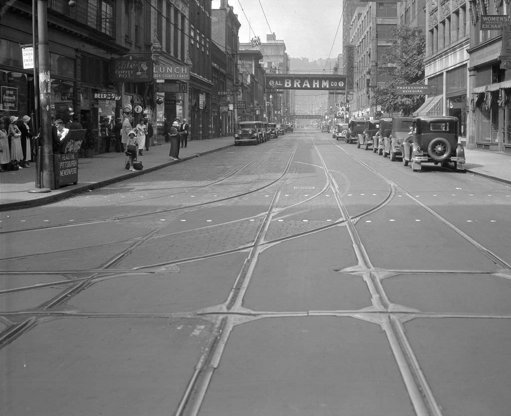 Penn Avenue, View looking west along Penn Avenue from Stanwix Street intersection, 1933.