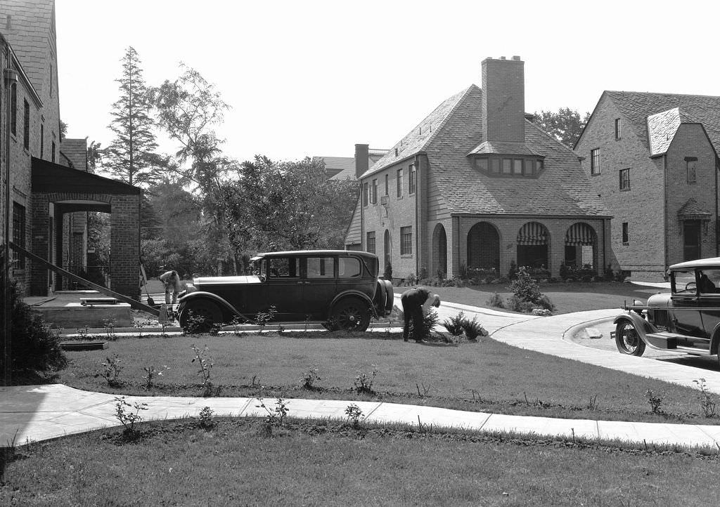 Tending Yard, Man tending yard on Yorkshire Drive looking southeast, 1931.