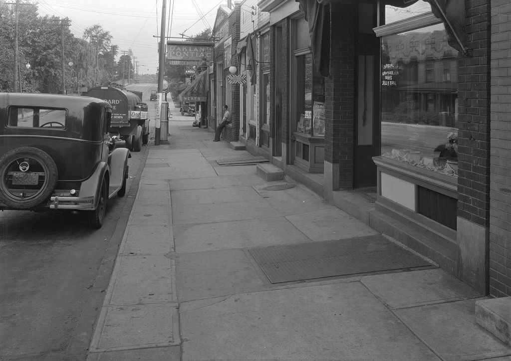 Carrick Stores, Brownsville Road looking north with various businesses, 1931.