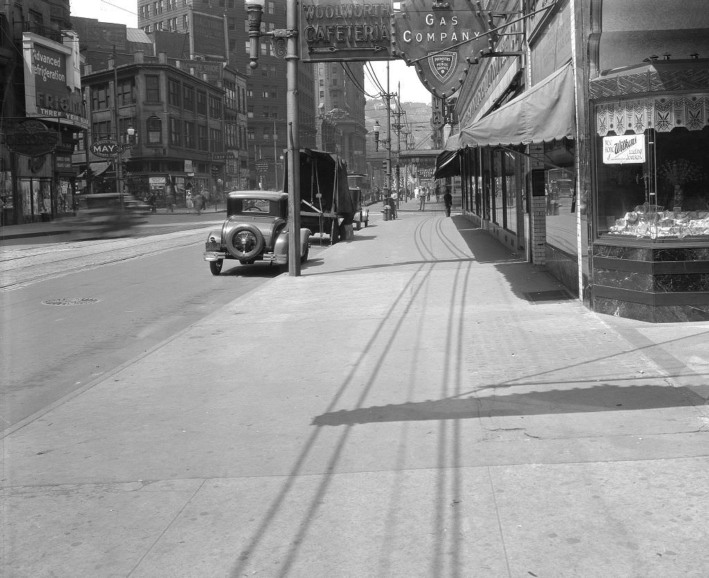 Liberty Avenue, From 615 Liberty looking west at Woolworth and Rosenbaum's, 1931.