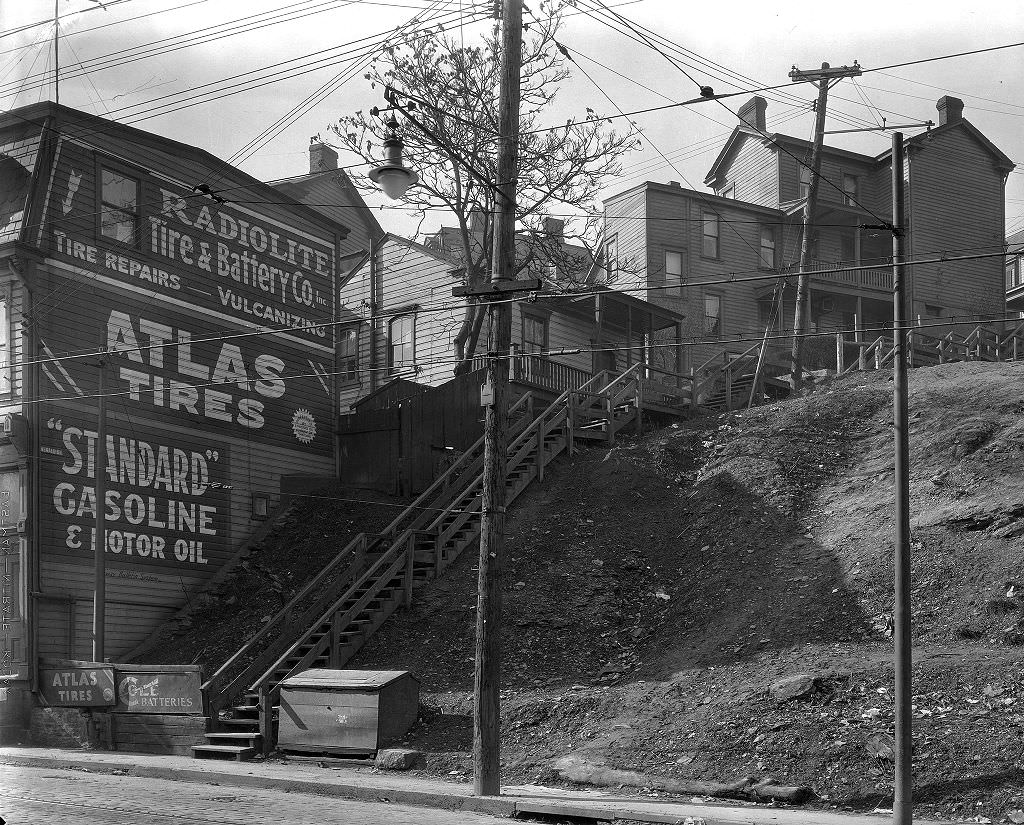 Emerald Street Steps from Arlington Avenue with old advertisements, 1933