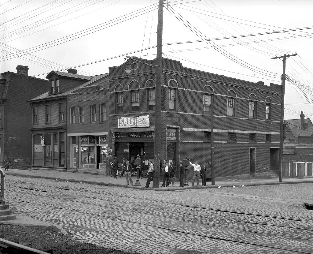 Pedestrians near corner store on Second Avenue, 1933