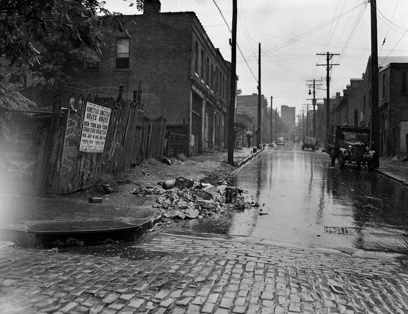 Baseball Poster Featuring Homestead Grays vs New York Cubans in Pittsburgh Street Scene, 1945