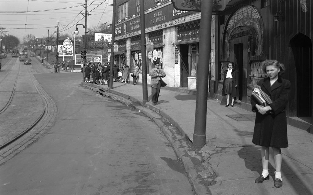 Intersection of Murray and Forward Avenues showing Morrowfield Pharmacy, 1945.