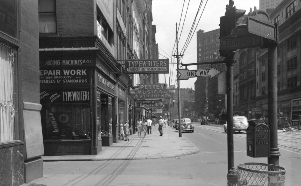 Girls observing Pettey Musical Instruments on Liberty Avenue, 1943.