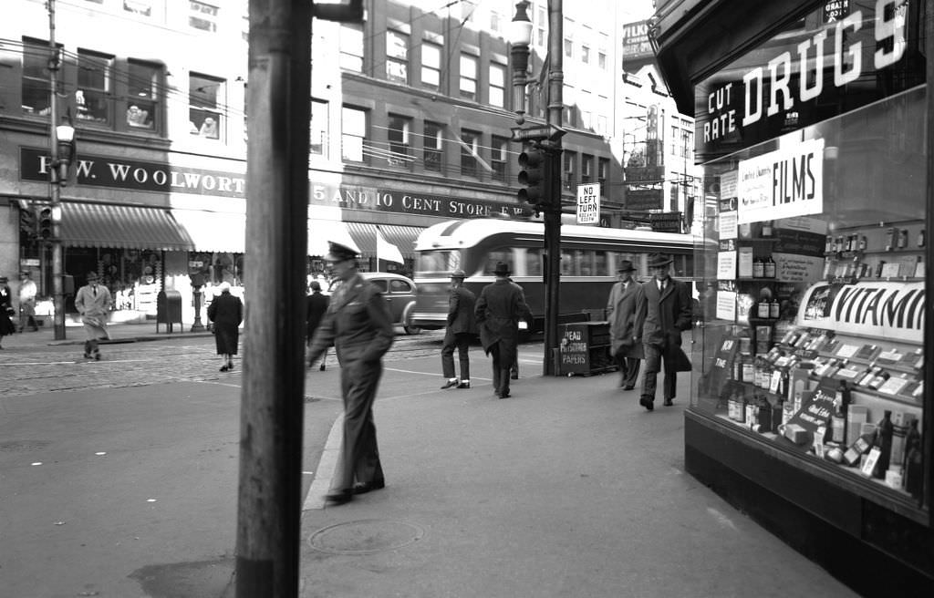 Market Street looking north to the corner of Liberty Avenue near Woolworth's, 1945