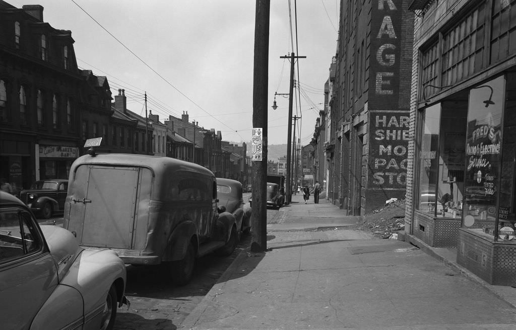 Shops on Centre Avenue, looking West. Fred's Radio and Electric Service on the Right and Eunice's Beauty Bar on the Left, 1946