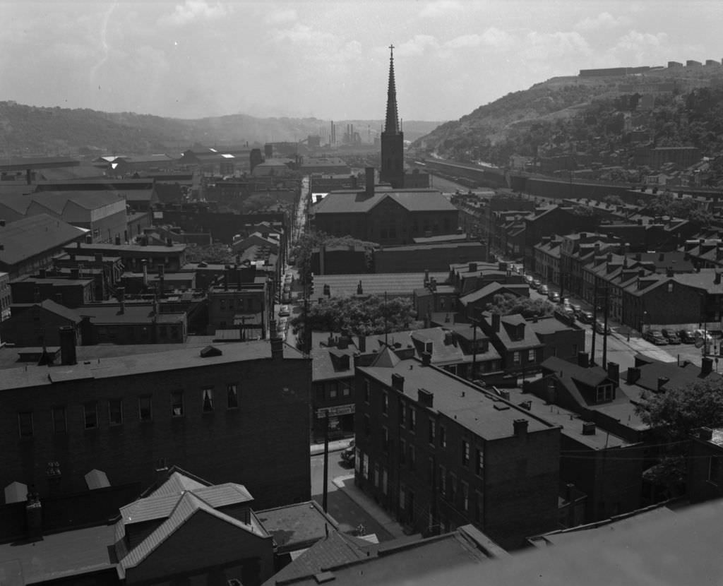 Aerial view of the Southside in the vicinity of Carson Street taken for the Department of City Planning, looking east, 1949