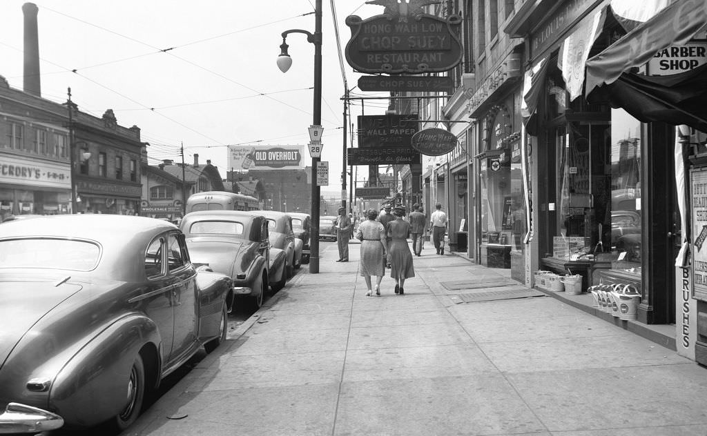 Looking west on East Ohio Street showing Hong Wah Low Chop Suey Restaurant, 1940