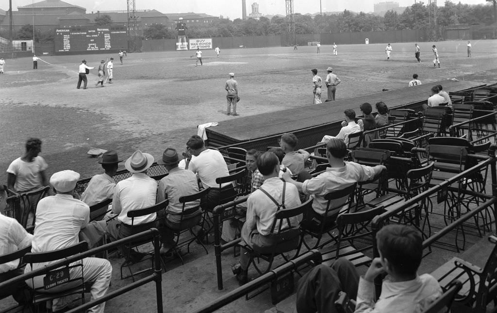A view from the stands at Forbes Field looking toward the Carnegie Library of Pittsburgh, taken sometime between June and October, 1943