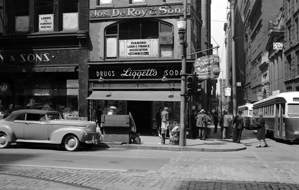 1082 Fourth Avenue and Smithfield Street looking west from southeast corner showing Liggett's Rexall Drugs, 1942