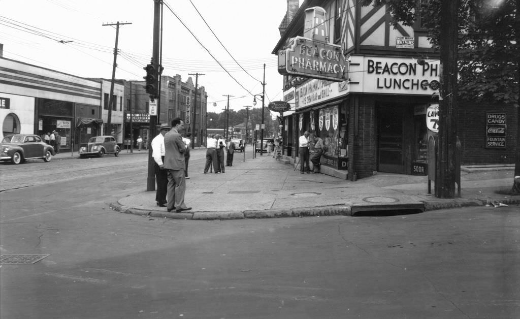 Murray Avenue shops, including Beacon Pharmacy and a bowling alley, 1944.