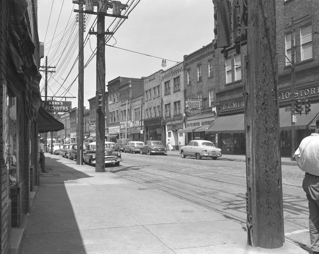 Hazelwood businesses including G.C. Murphy Company and Hazelwood Hardware, 1957