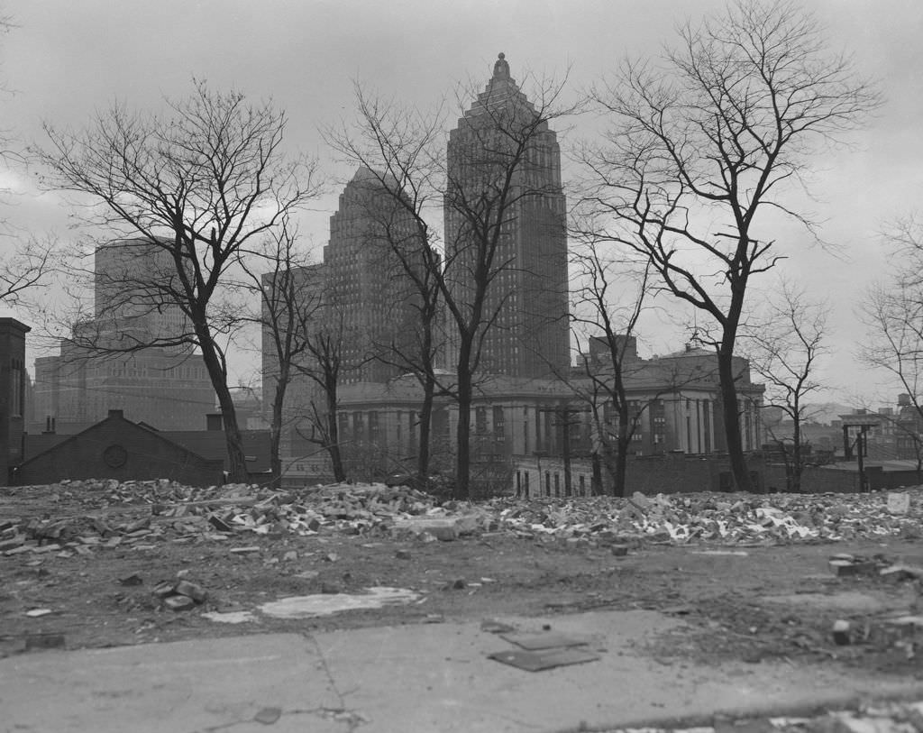 Lower Hill District with city skyline in the background, 1957